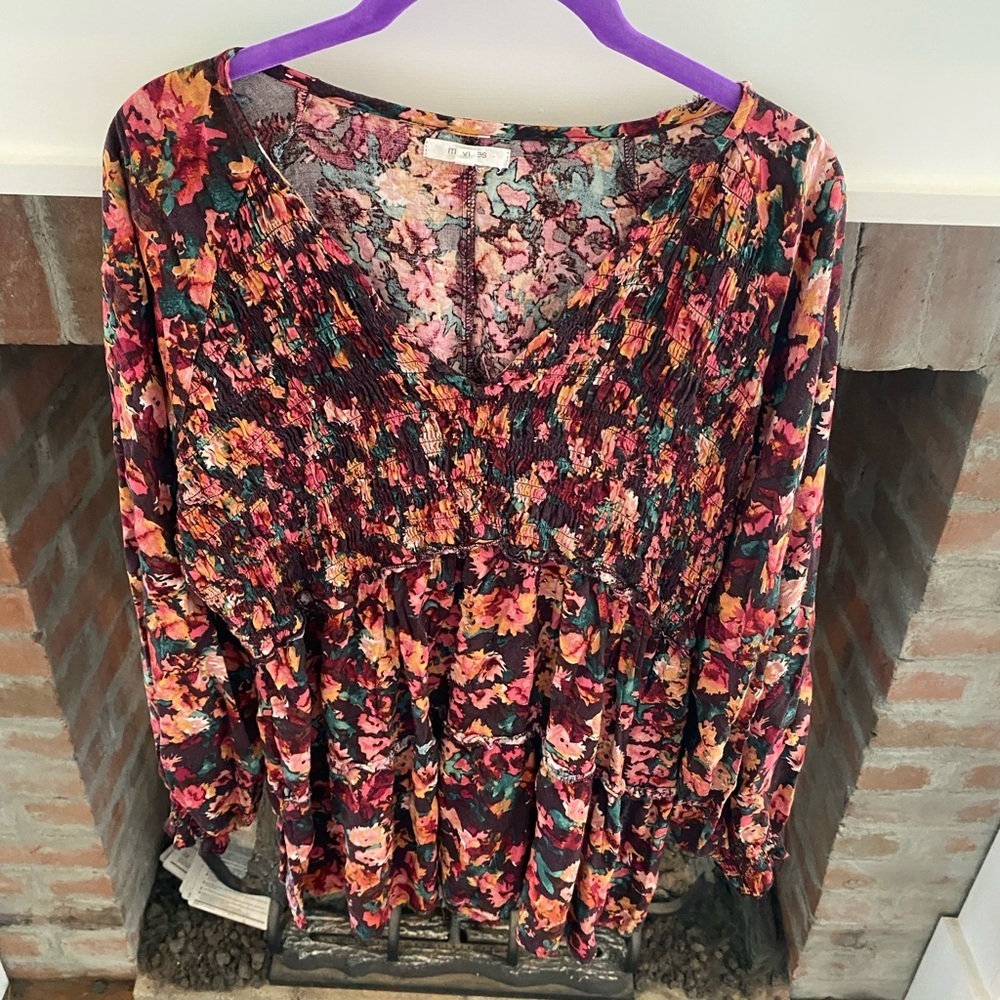 Maurices Floral Smocked Peasant Blouse in Black and Pink